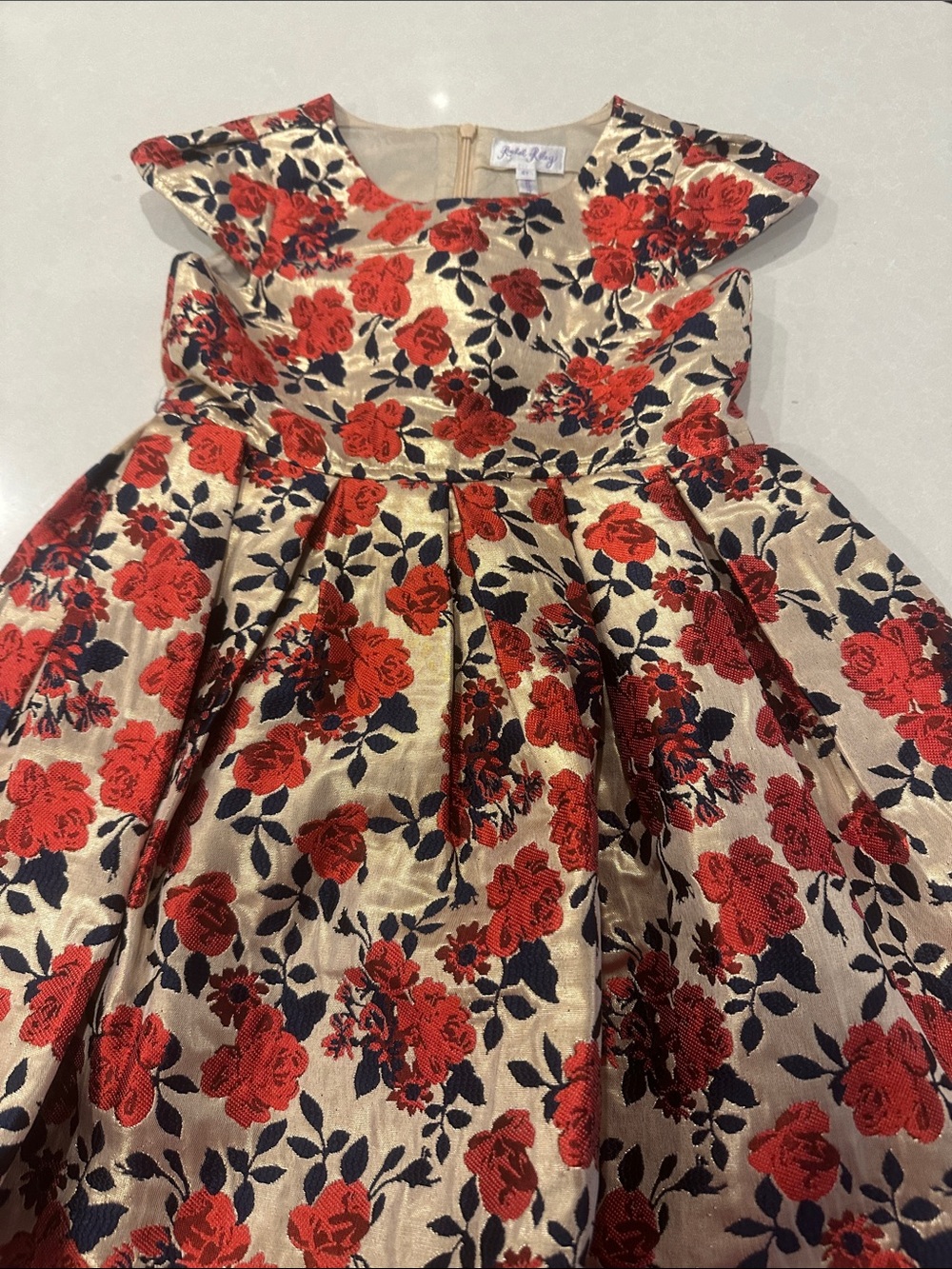 Rachel Riley Metallic Cream Dress with Red Rose Jacquard